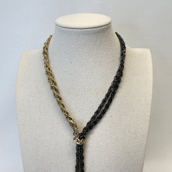 Two Tone Twisted Tassel Necklace Black Gold-Tone Long Length Adjustable - Picture 5 of 7